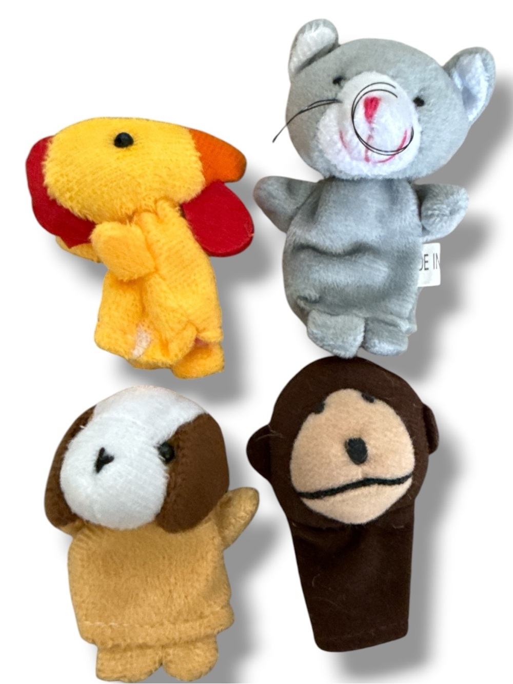 Plush Animal Finger Puppets Lot of 4 - Mouse Dog Monkey Duck Storytime